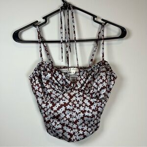 Brown and Blue Floral Print Satin Corset Top